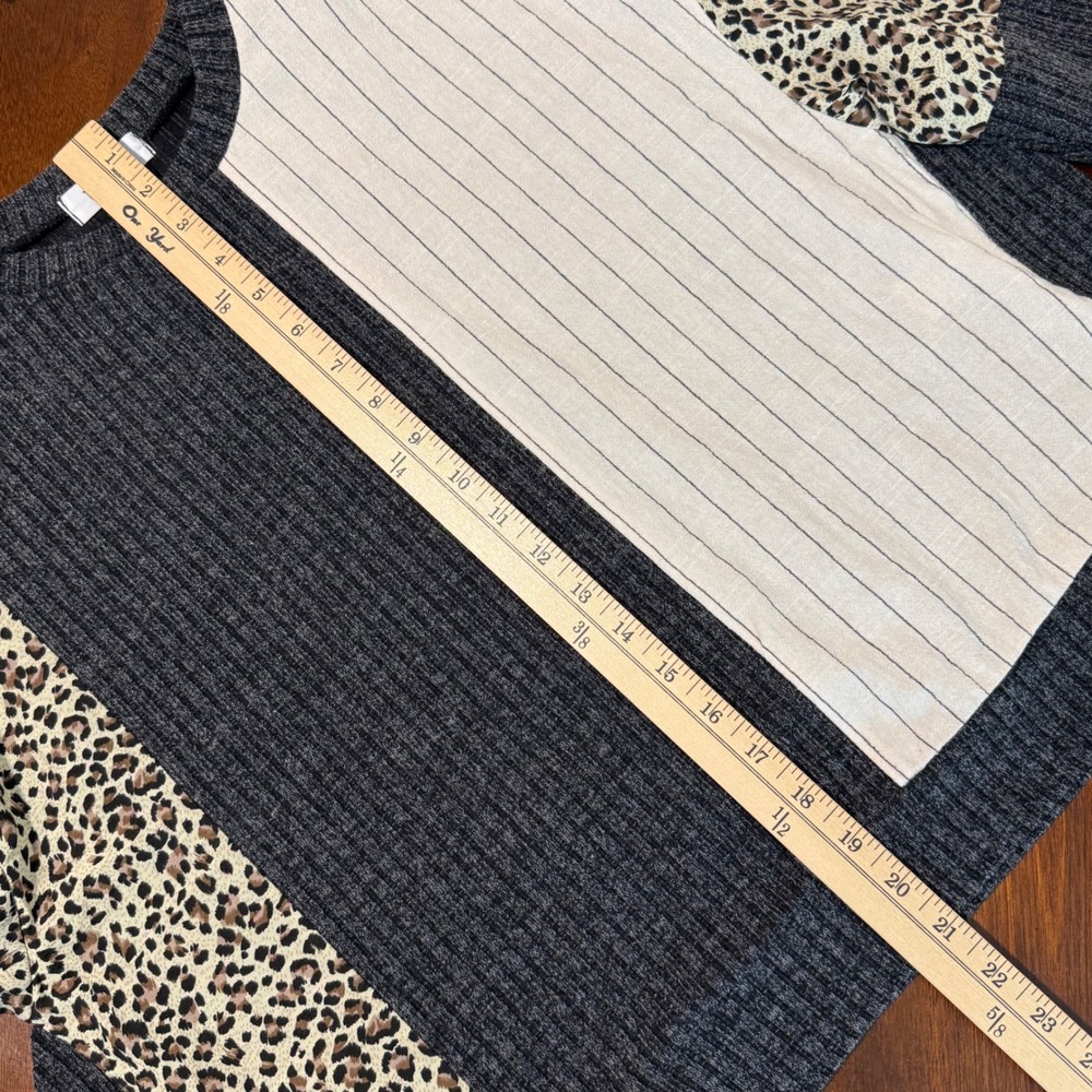THML Womens Sweater Size S Gray Colorblock Leopard Pinstripe Ribbed Mixed Media - Picture 7 of 7